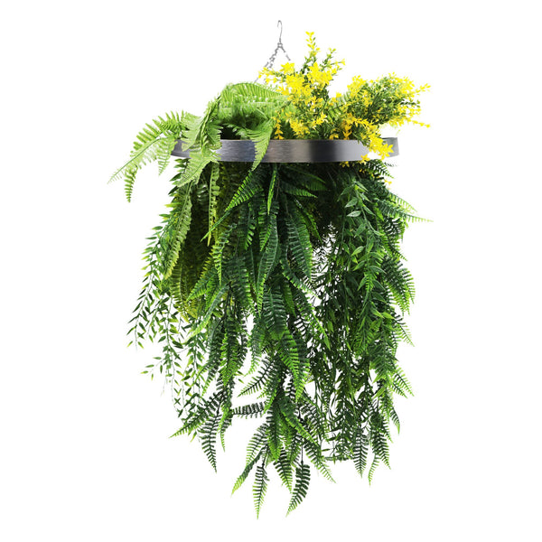 Silver Framed Roof Hanging Disc With Bright Tropical Foliage Mix and Draping Ferns 15.75" UV Resistant