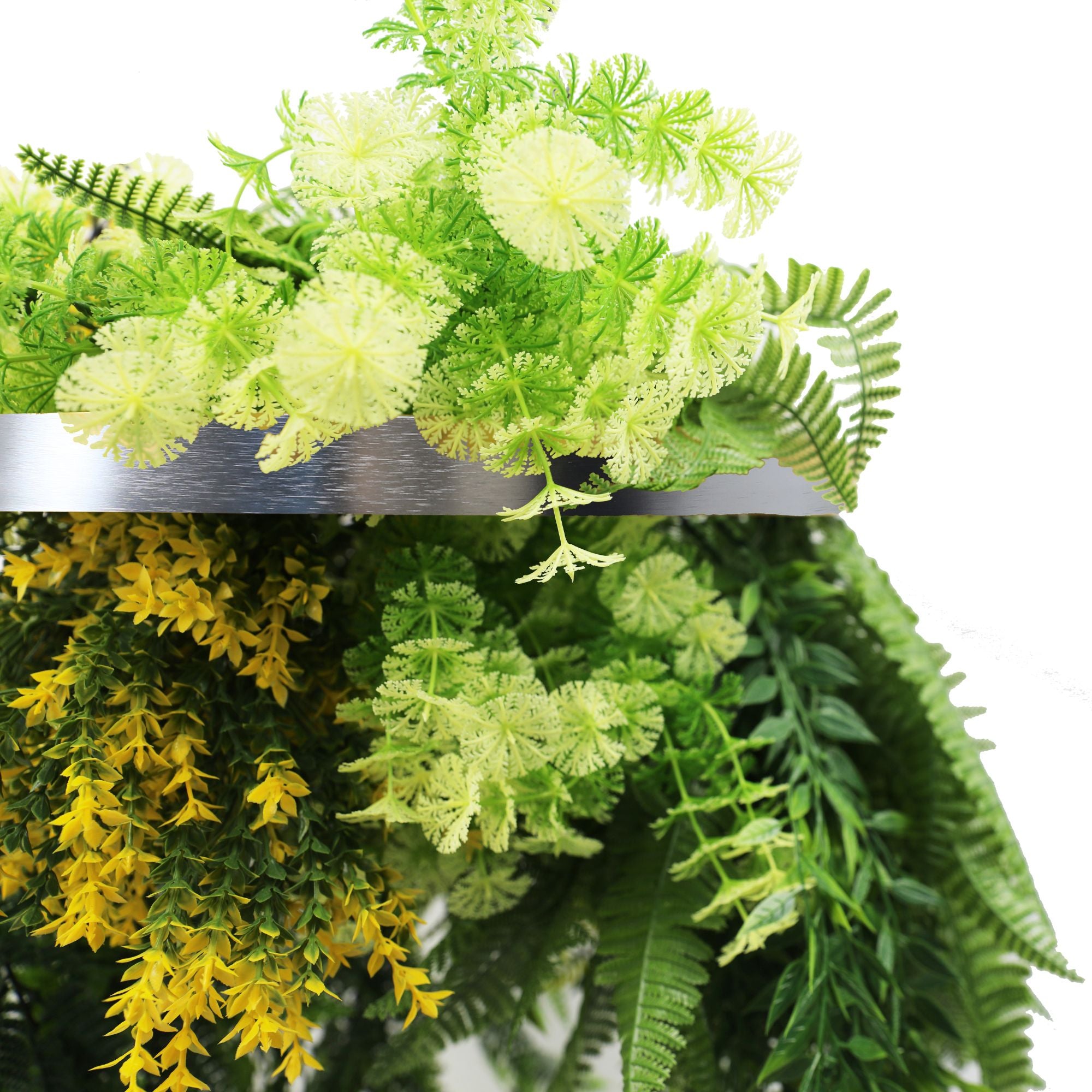 Silver Framed Roof Hanging Disc With Bright Tropical Foliage Mix and Draping Ferns 15.75" UV Resistant