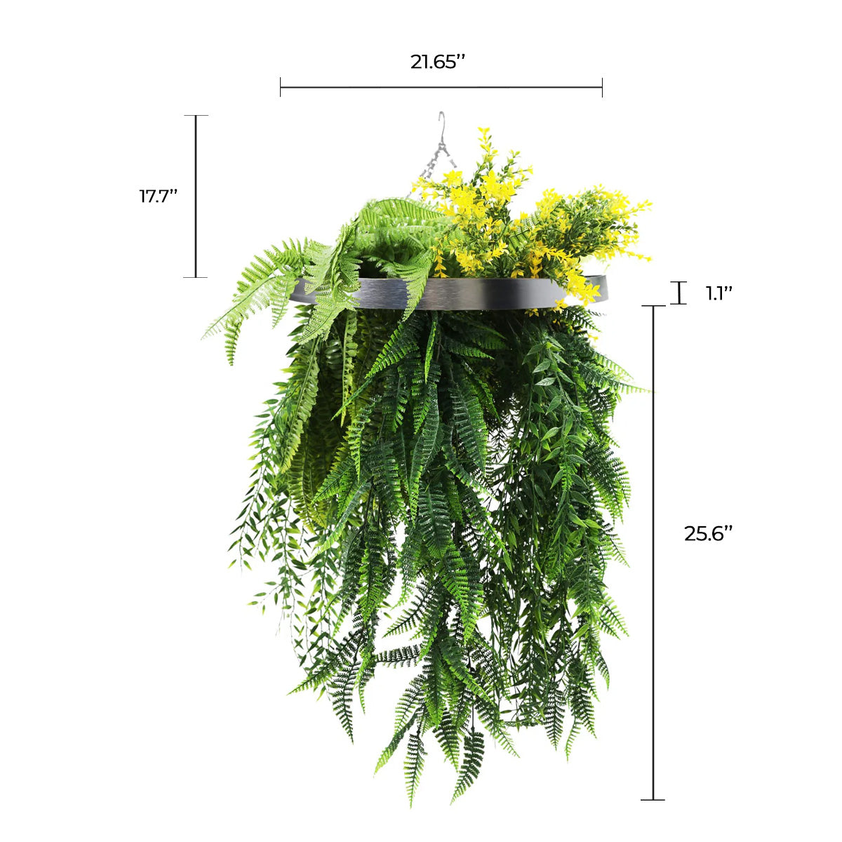 Silver Framed Roof Hanging Disc With Bright Tropical Foliage Mix and Draping Ferns 15.75" UV Resistant