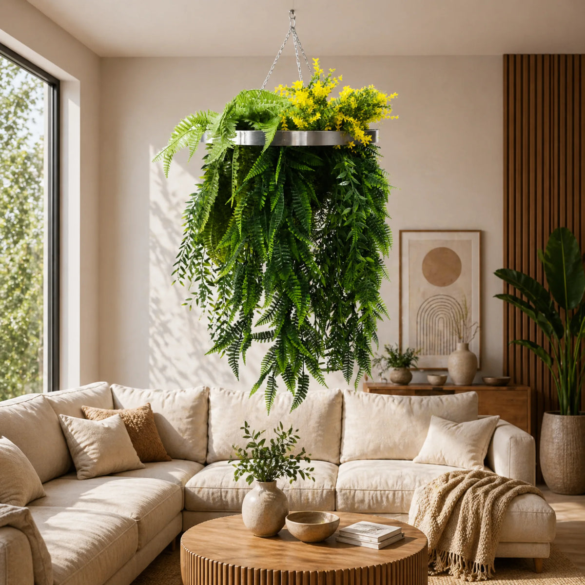 Silver framed artificial hanging disc with lush draping ferns and tropical greenery suspended above a modern living room with UV resistant foliage.