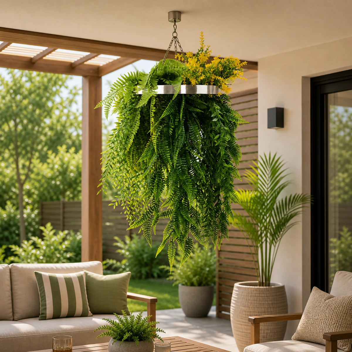 Artificial hanging disc with a silver frame, cascading fern leaves, and bright tropical foliage displayed in a covered outdoor patio setting with UV resistant greenery.