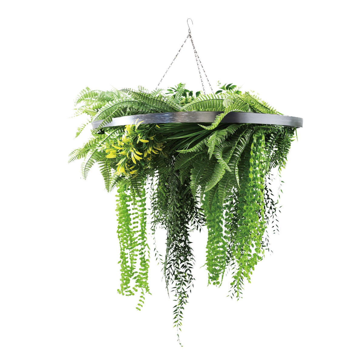 Artificial Hanging Plant Chandelier – Draping Fern Circular Ring (33in long) Silver Frame – UV Resistant