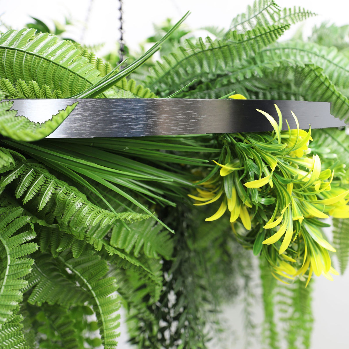 Artificial Hanging Plant Chandelier – Draping Fern Circular Ring (33in long) Silver Frame – UV Resistant