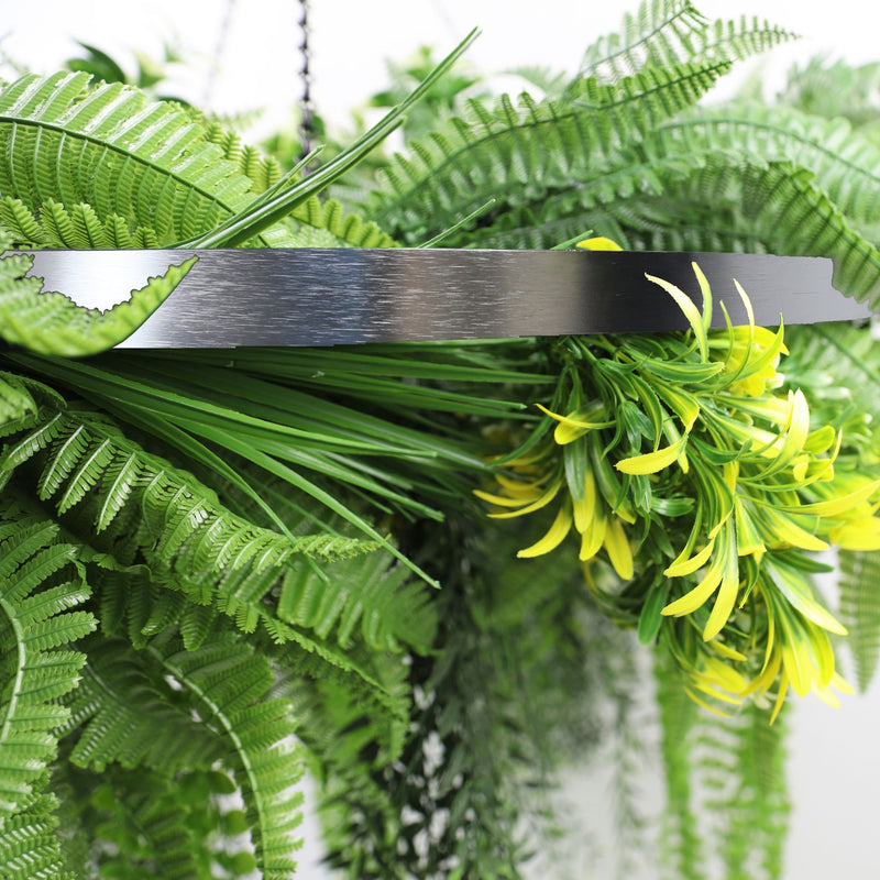 Silver Framed Roof Hanging Disc With Draping Life-Like Ferns and Plants 31.5" UV Resistant