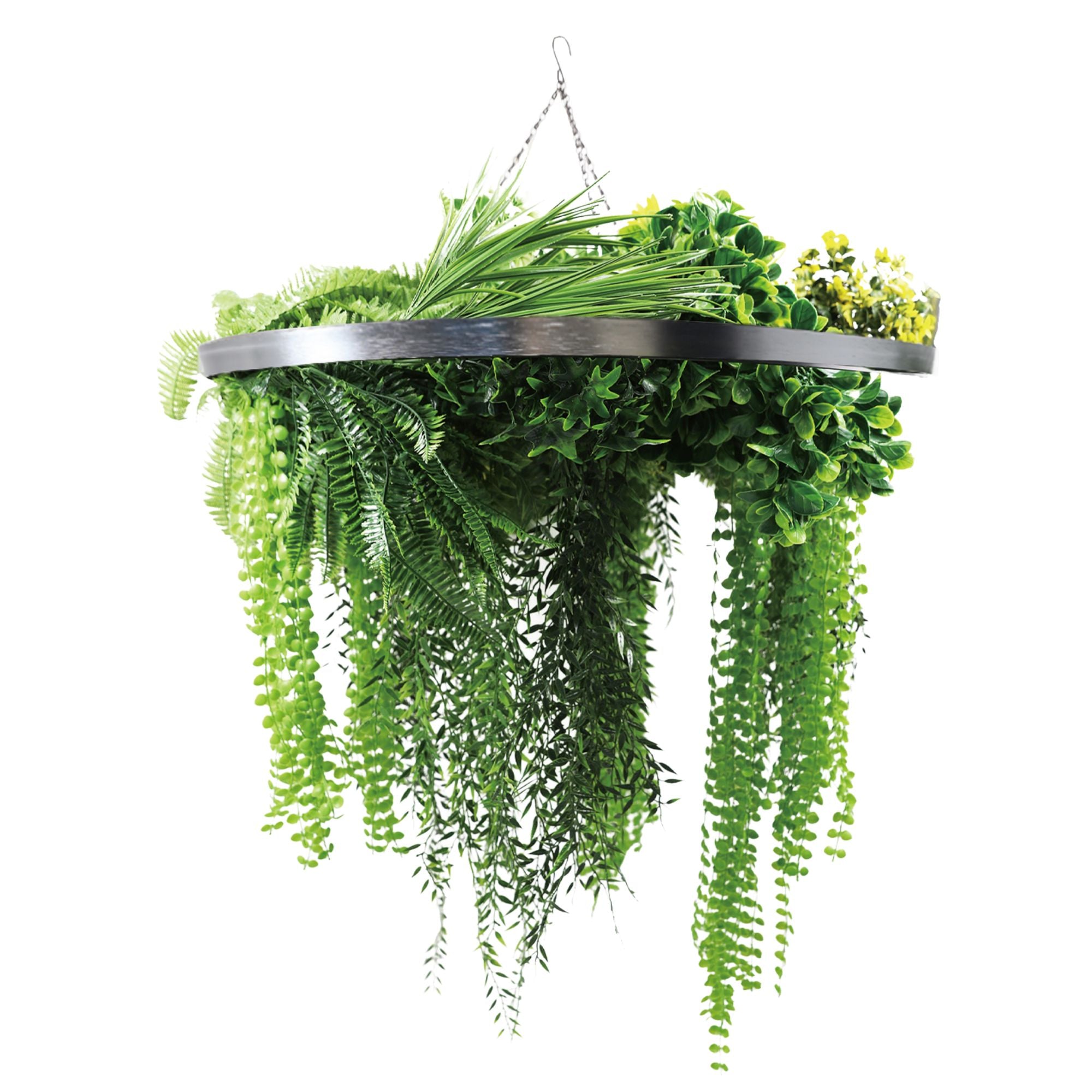 Silver Framed Roof Hanging Disc With Draping Life-Like Ferns and Plants 31.5" UV Resistant
