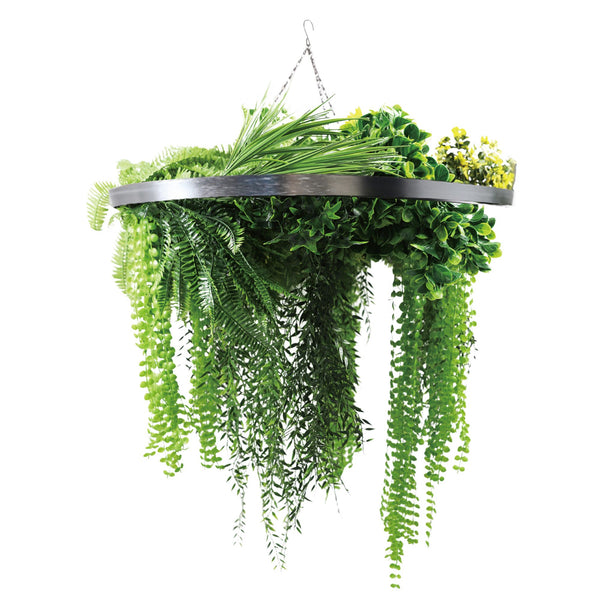 Silver Framed Roof Hanging Disc With Draping Life-Like Ferns and Plants 31.5" UV Resistant