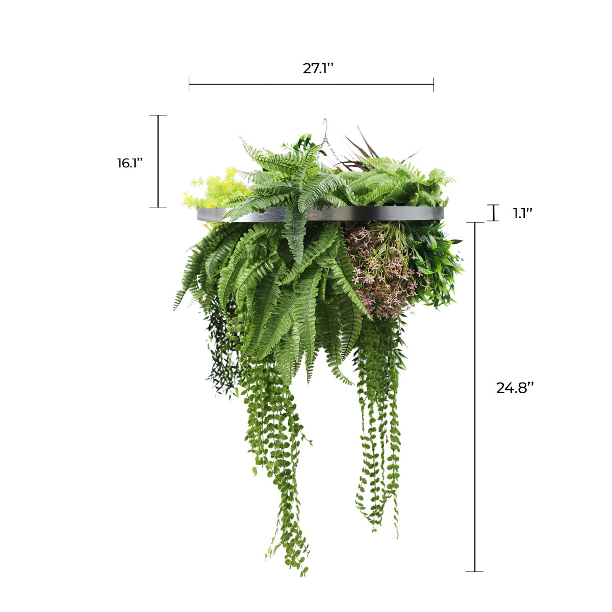 Silver Framed Roof Hanging Disc With Tropical Foliage Mix and Draping Stems 23.5" UV Resistant