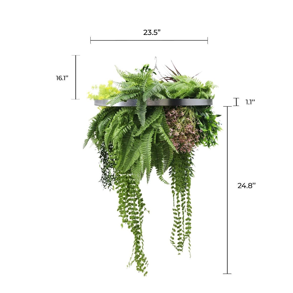 long hanging plants Designer Plants USA Silver Framed Roof Hanging Disc With Tropical Foliage Mix and Draping Stems 23.5" UV Resistant in Green