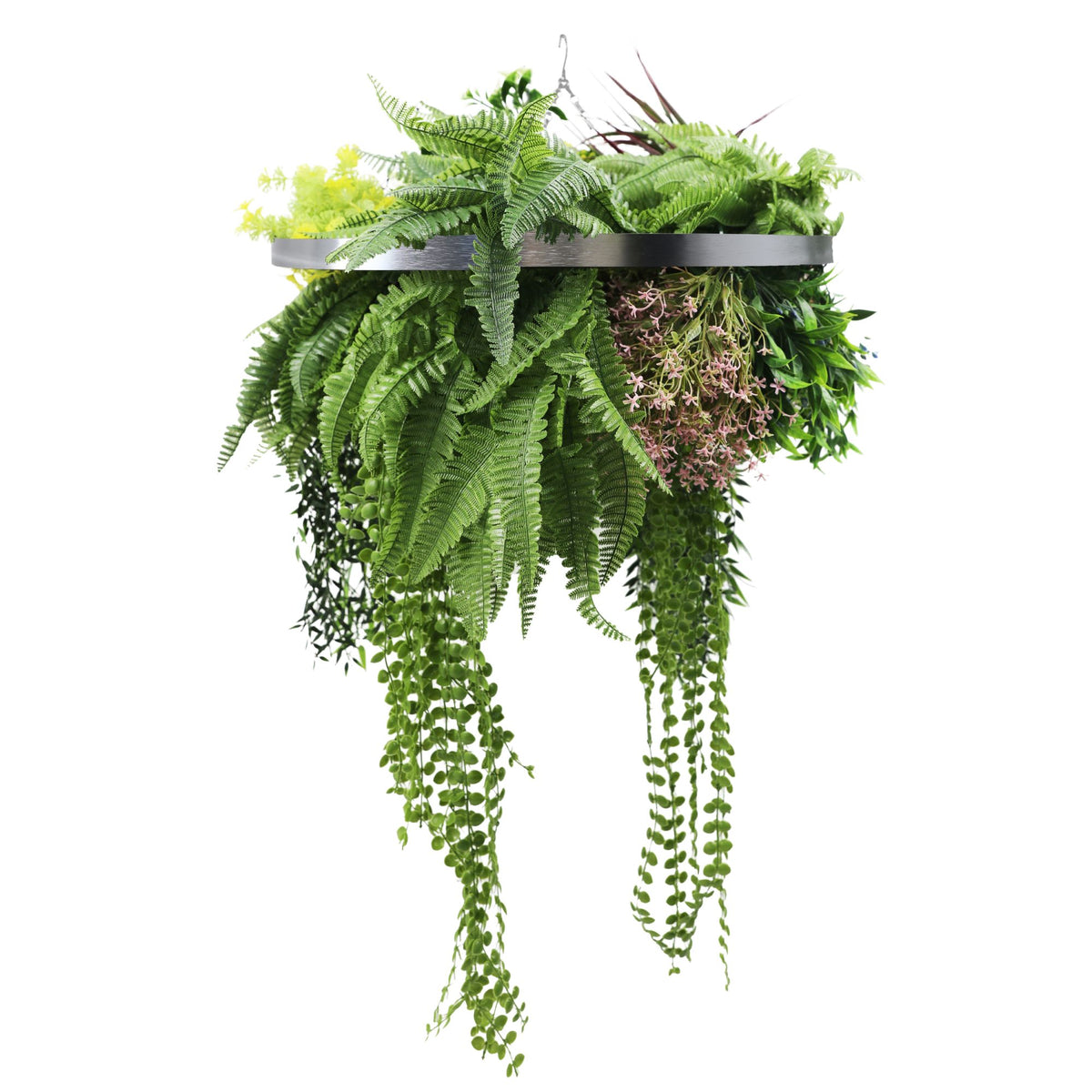 long plants that hang Designer Plants USA Silver Framed Roof Hanging Disc With Tropical Foliage Mix and Draping Stems 23.5" UV Resistant in Green