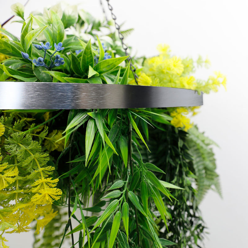 Silver Framed Roof Hanging Disc With Tropical Foliage Mix and Draping Stems 23.5" UV Resistant
