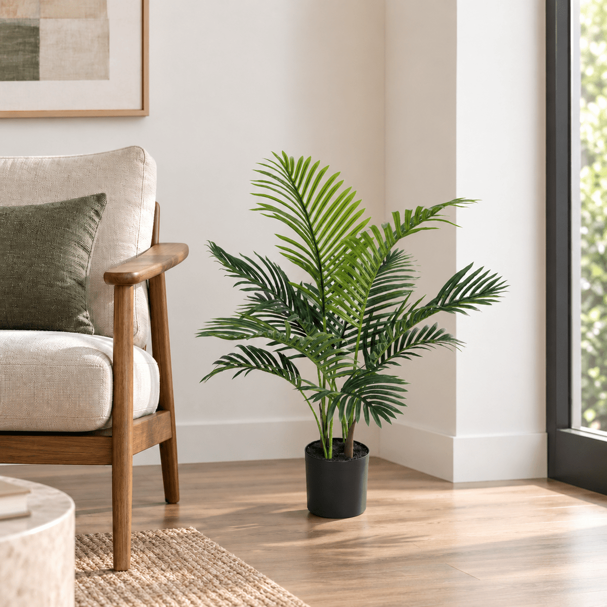 35.4-inch Areca Palm artificial tree in its black nursery pot beside an indoor lounge chair