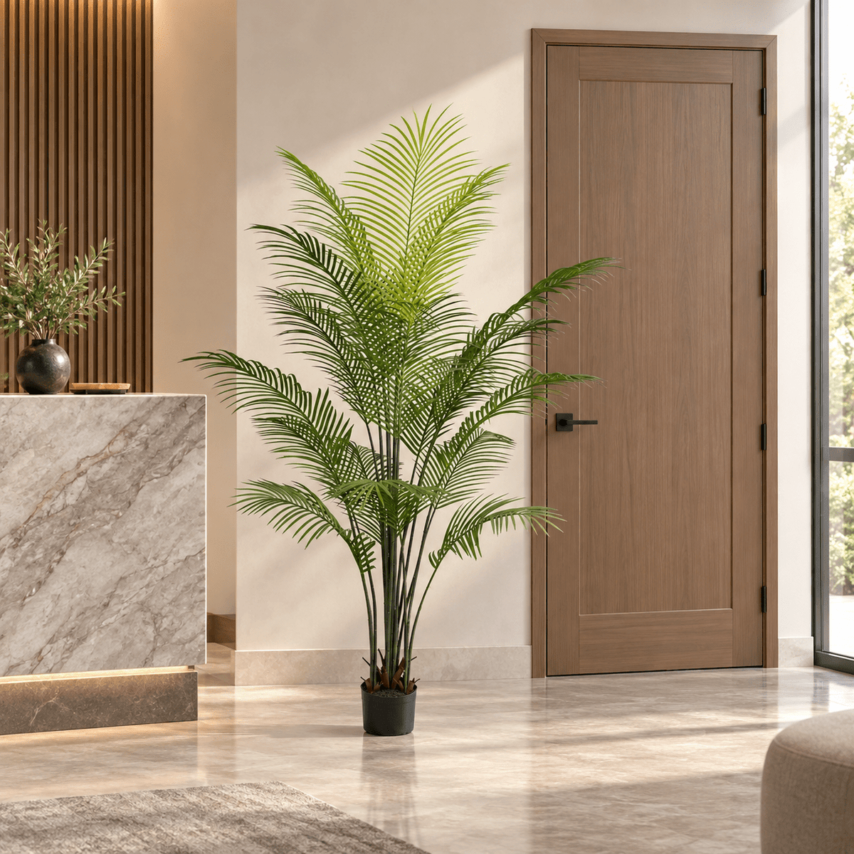70.9-inch Areca Palm artificial tree in its black nursery pot in an indoor hotel lobby