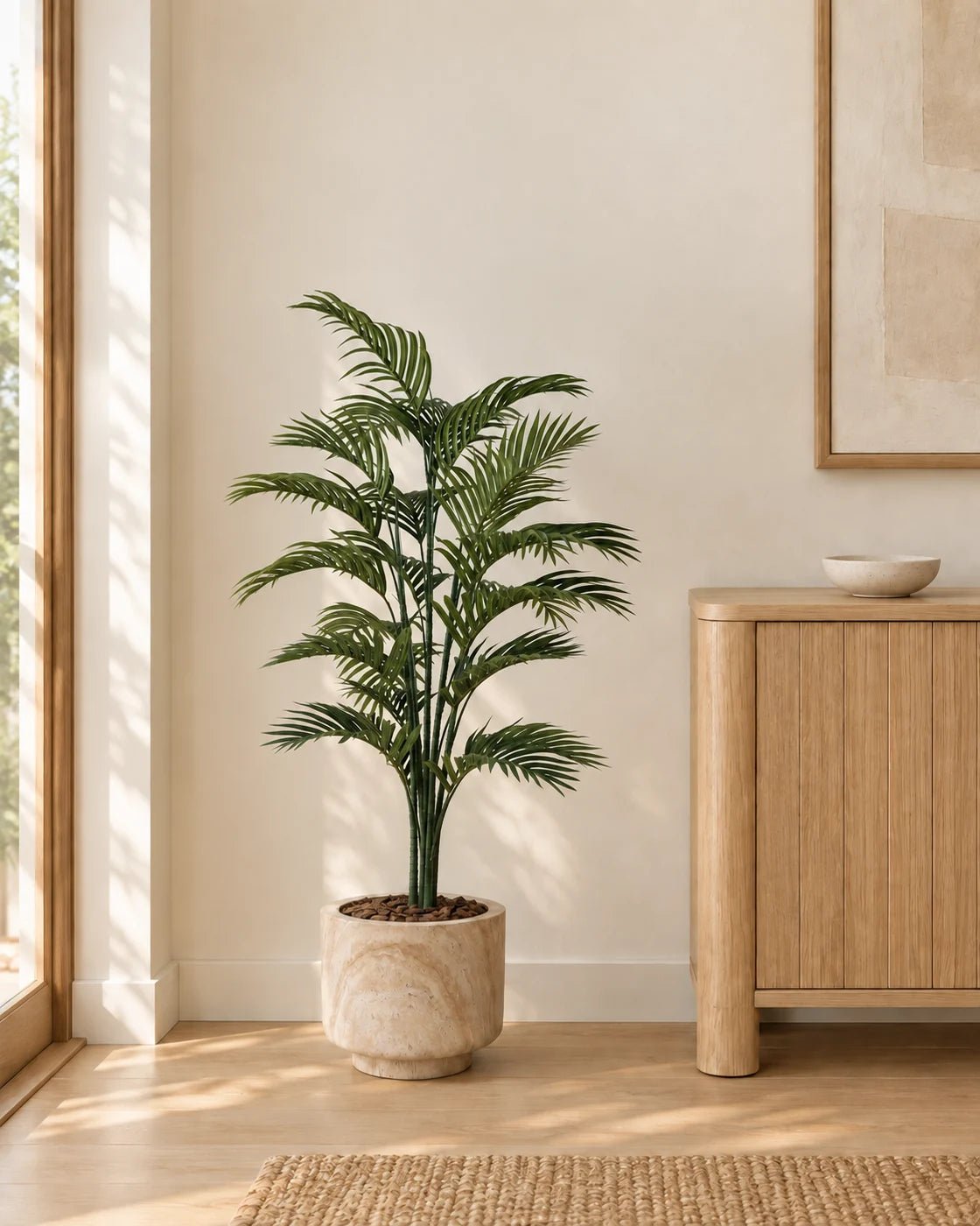 120 cm artificial Areca Palm in a marble-effect pedestal planter beside an oak cabinet in a sunlit entryway.