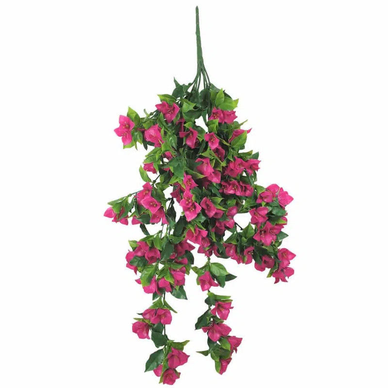 A bunch of (5 Pieces) Vibrant Pink Hanging Artificial Bougainvillea Plant, UV Resistant 35" flowers hanging from a white background.