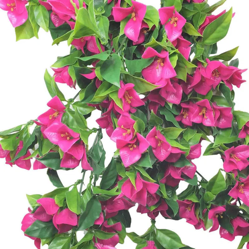 (5 Pieces) Vibrant Pink Hanging Artificial Bougainvillea Plants, UV Resistant 35" adorning a white background.