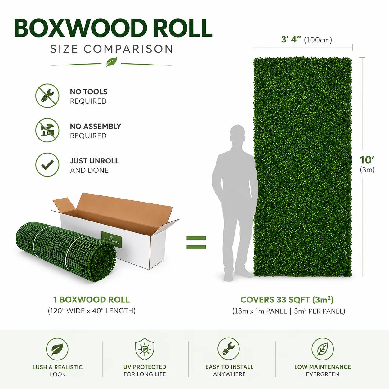 Rollo de boj artificial verde claro resistente a los rayos UV 33 SQ FT resistente a los rayos UV