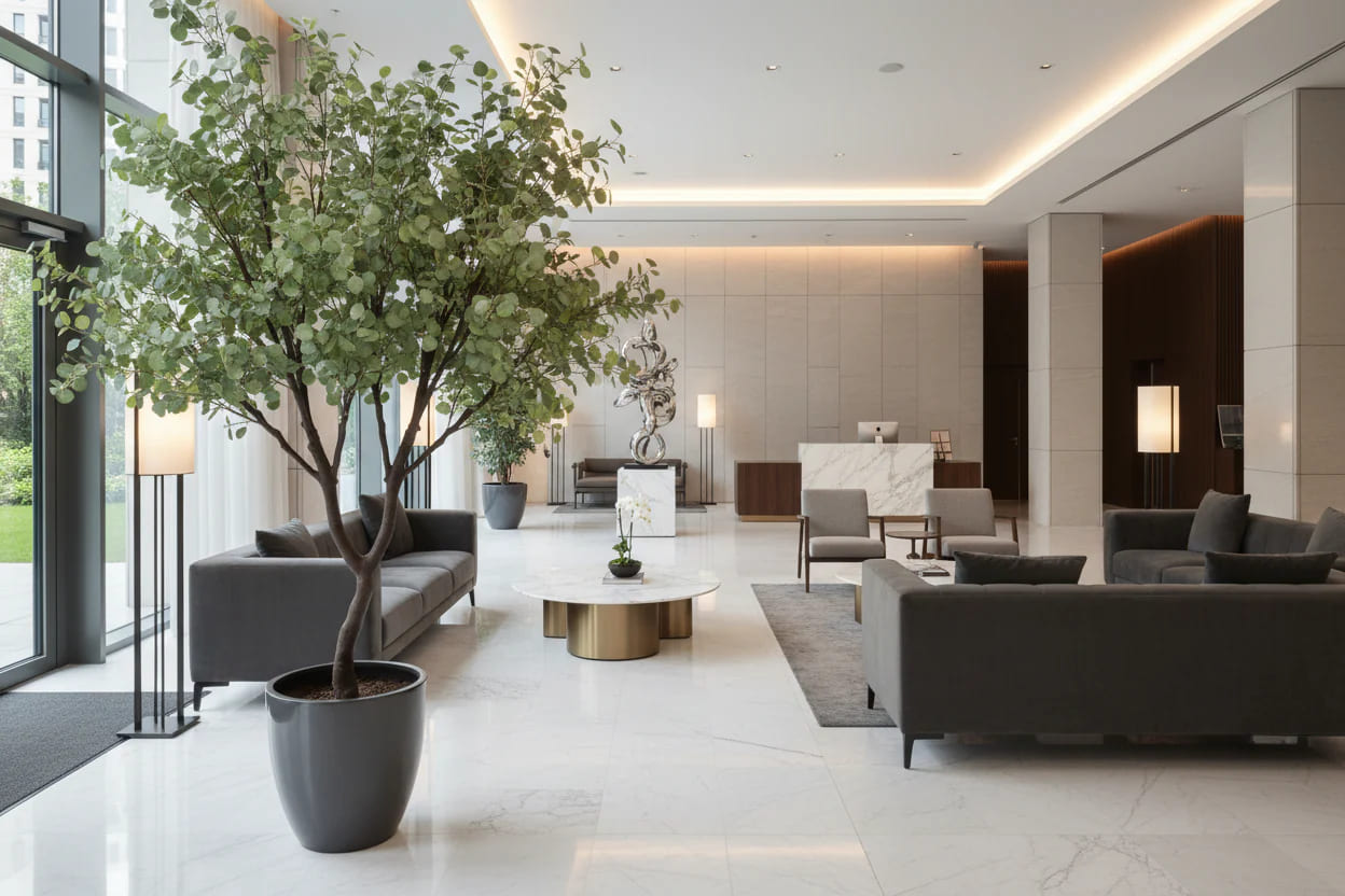 Modern lobby with gray sofas, a large potted artificial plant, and decorative lighting.