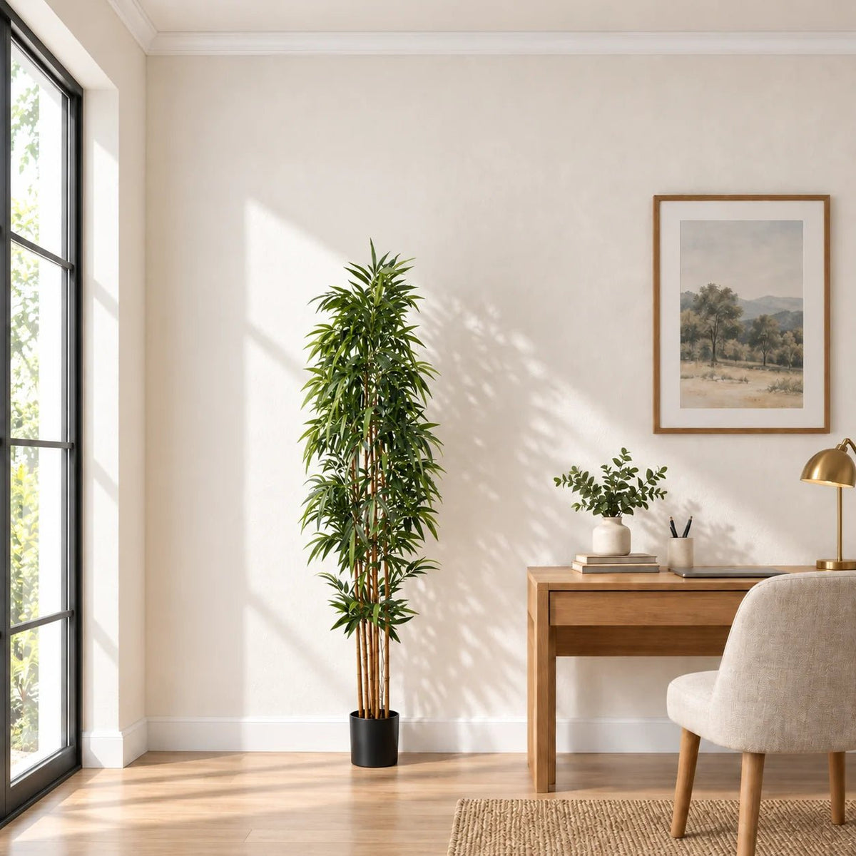 Artificial bamboo with natural canes beside a timber desk in a bright home office