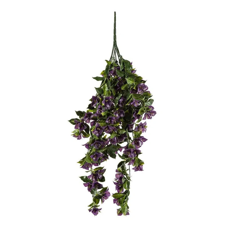 A bunch of (5 Pieces) Vibrant Purple Hanging Artificial Bougainvillea Plant UV Resistant, 35" flowers hanging from a string.