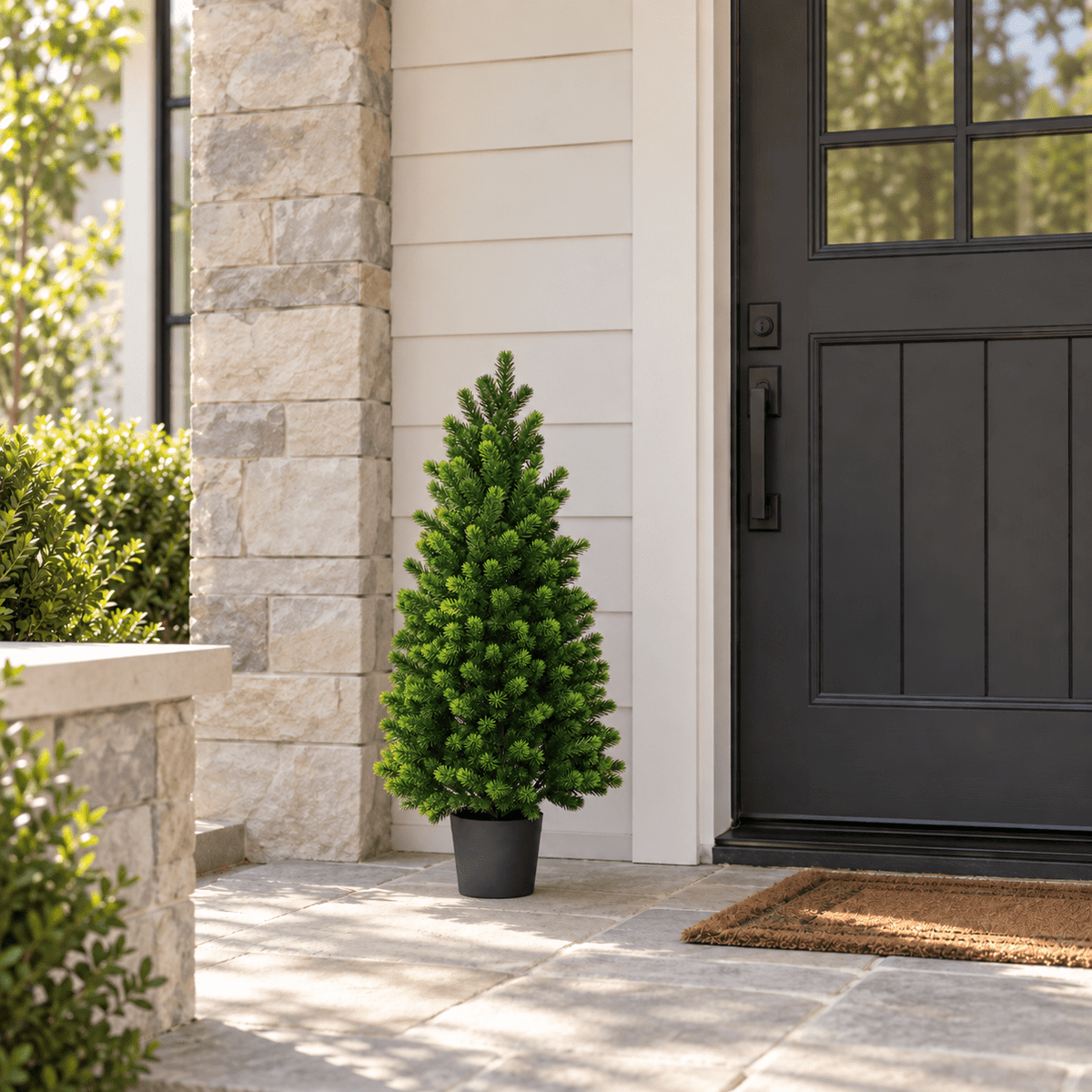 35.4-inch UV-resistant artificial cypress pine tree in its black nursery pot on a front porch