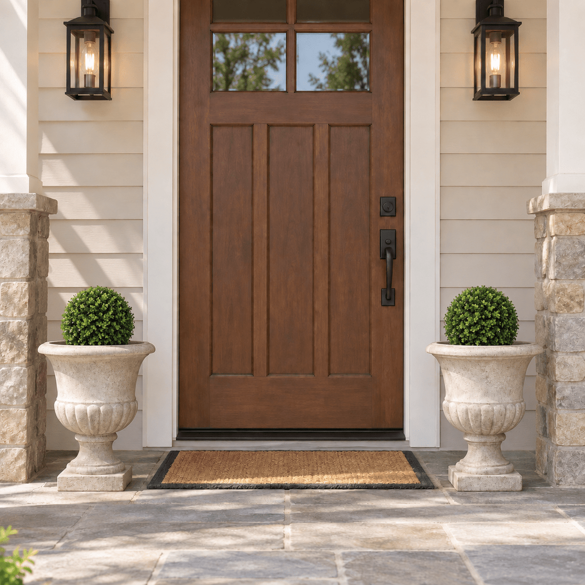 Set of two 12-inch UV-resistant dark boxwood artificial topiary balls in outdoor entry urns