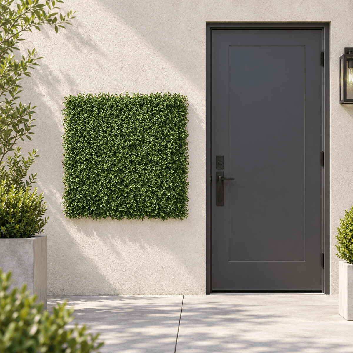 Dense Lush Boxwood artificial vertical garden panel installed outdoors at realistic 40 by 40 inch scale