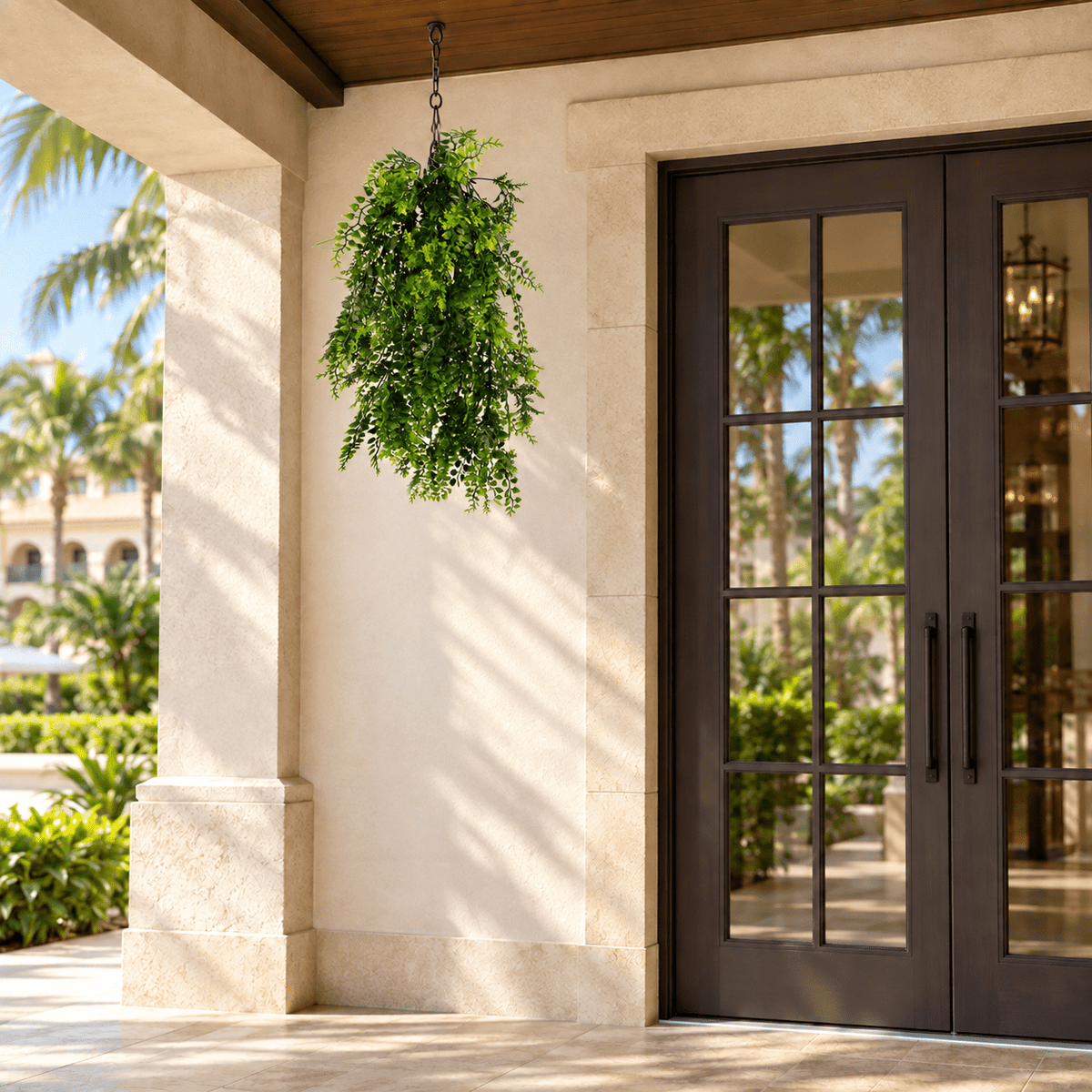 30-inch UV-resistant dense tropical fern artificial hanging plant on a covered hotel terrace