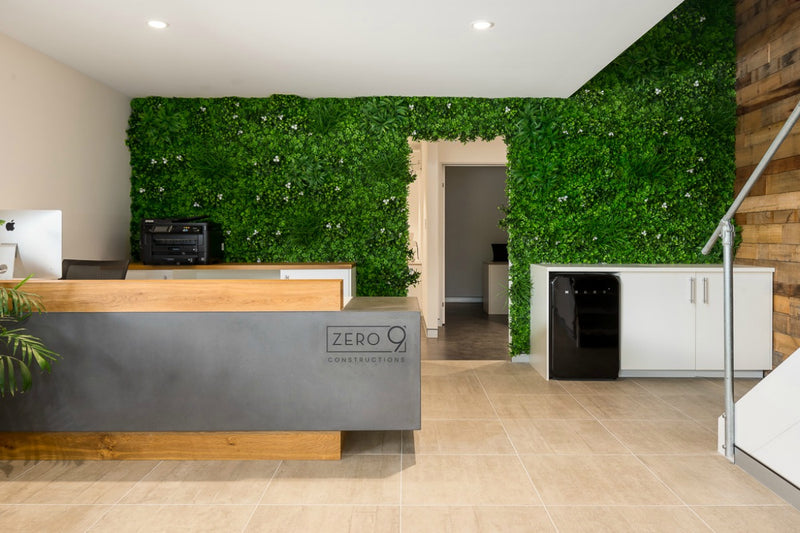green panels decoration in reception area