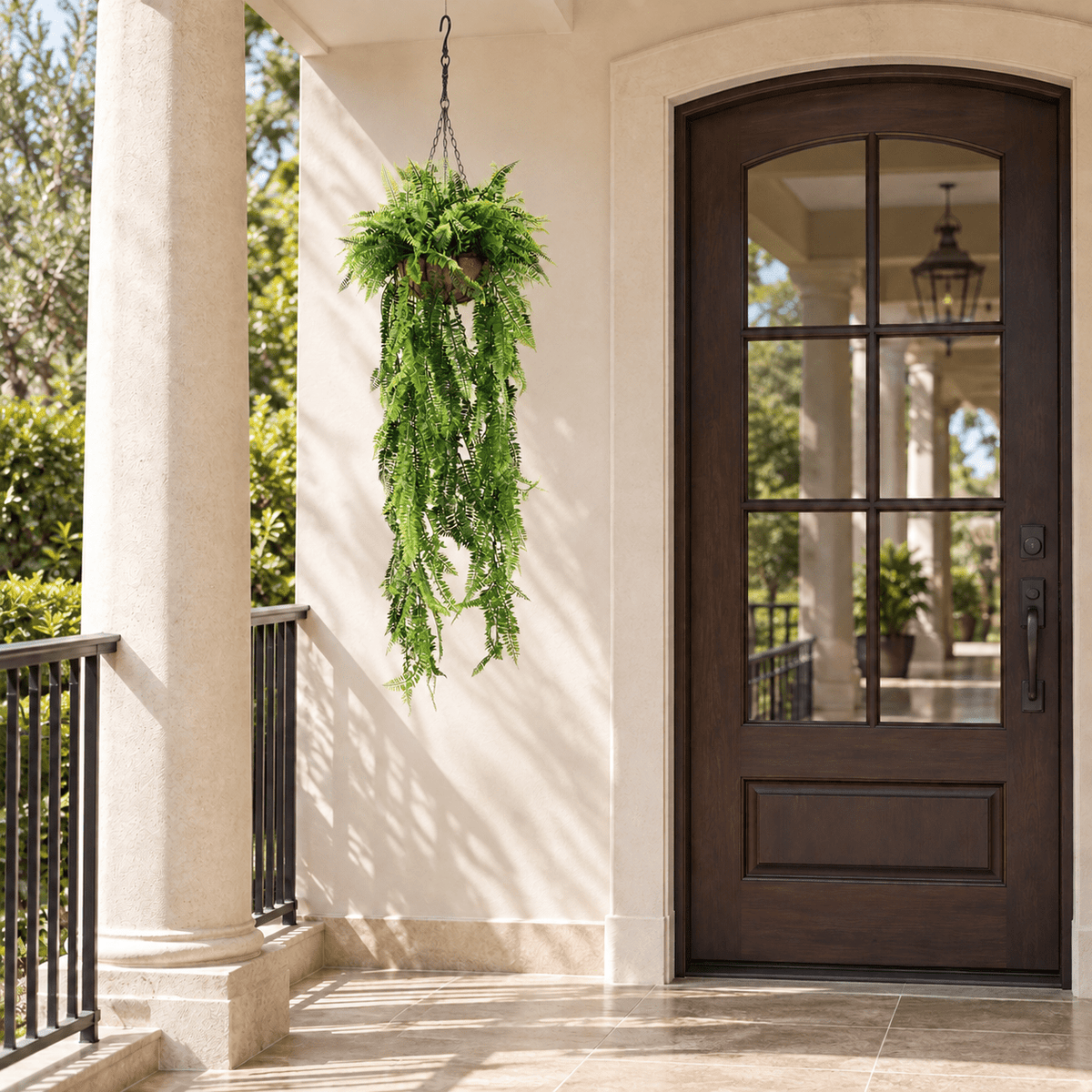 13.8 by 49.2-inch UV-resistant fern artificial hanging basket on a sheltered outdoor veranda
