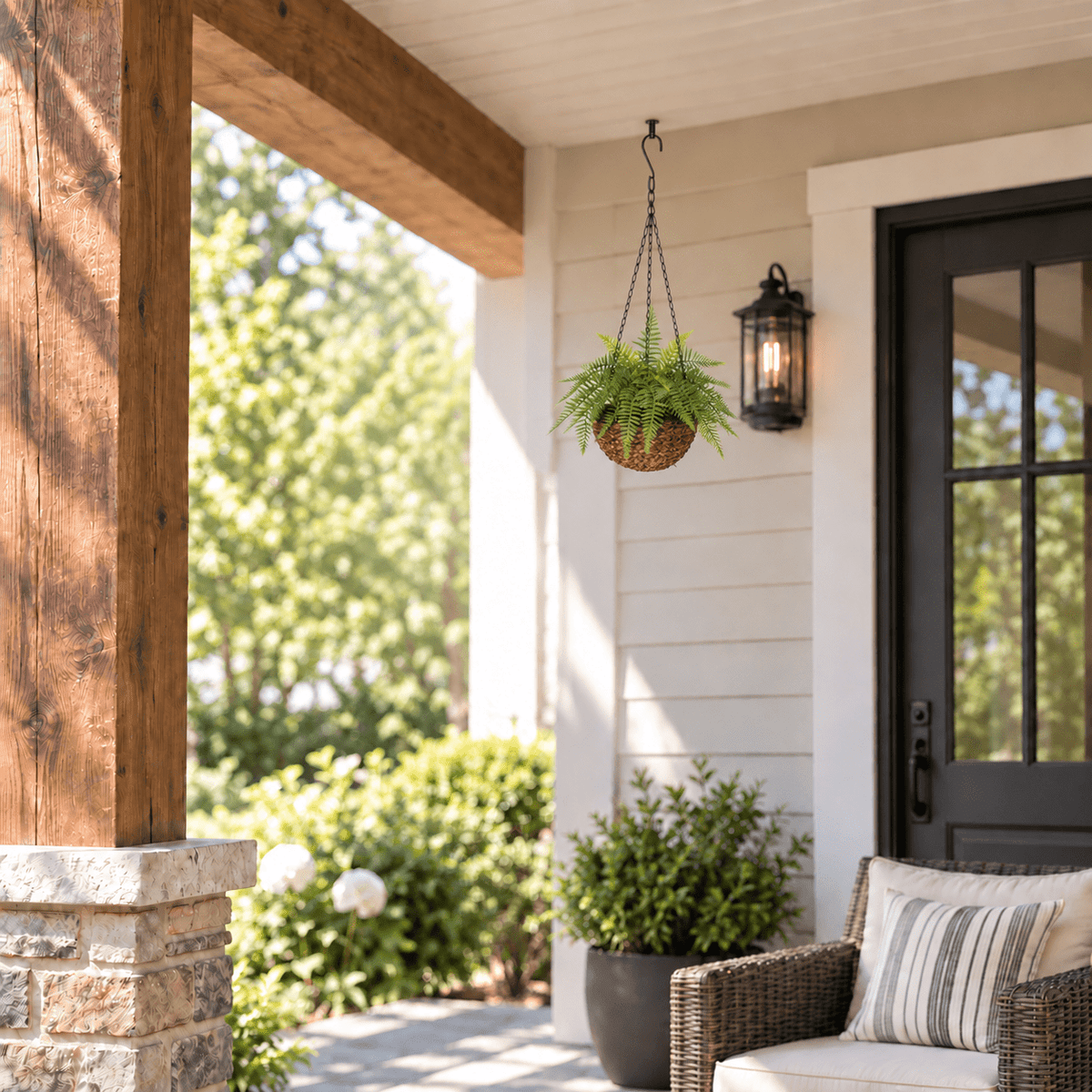 Medium UV-resistant artificial fern hanging basket shown outdoors on a covered porch at realistic scale