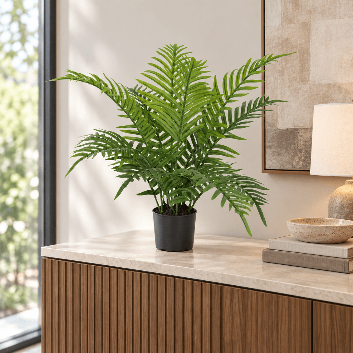 23.6-inch Fern Palm artificial plant in its black nursery pot on an indoor sideboard