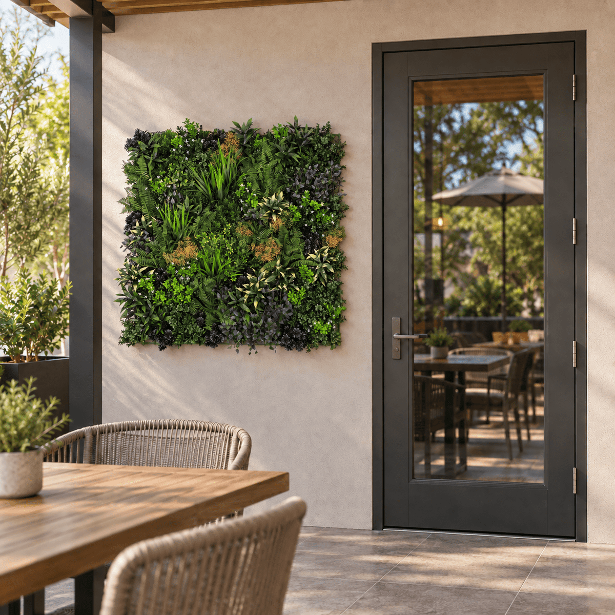 NFPA 701 Floral Fusion artificial vertical garden panel installed outdoors at realistic 40 by 40 inch scale