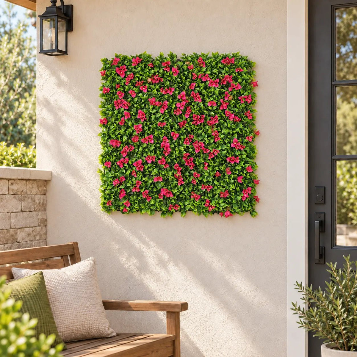 Flowering Pink artificial vertical garden panel installed outdoors at realistic 40 by 40 inch scale