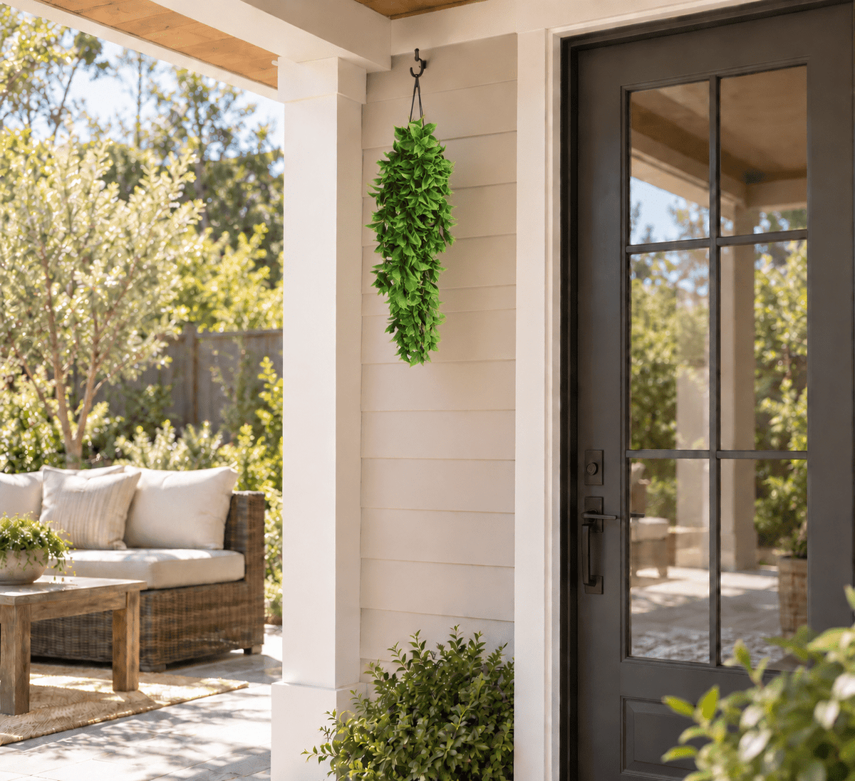 Single 28.5-inch UV-resistant flowering pothos hanging bush shown outdoors at accurate scale