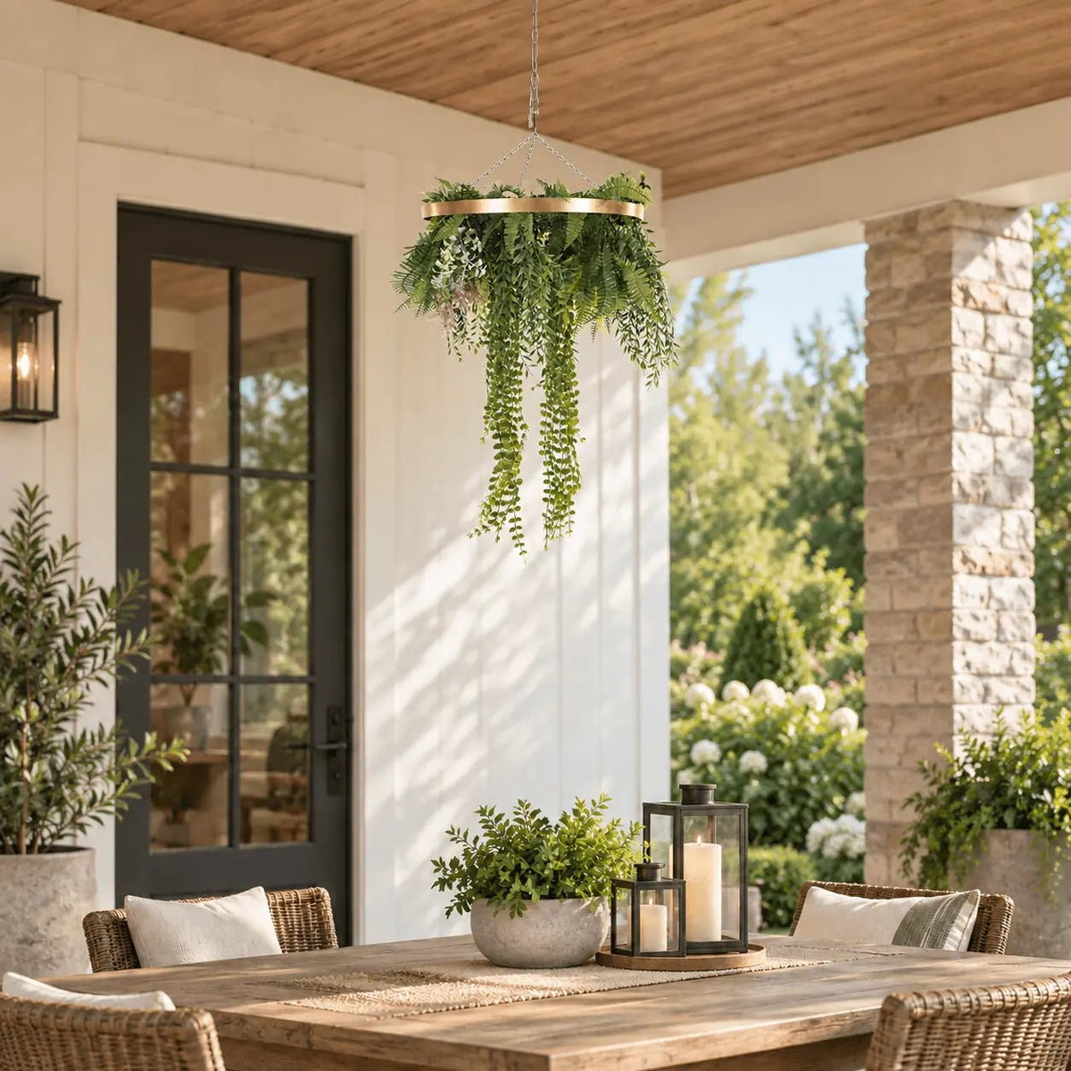 24-inch UV-resistant imitation gold artificial hanging green disc displayed at true scale on a sheltered outdoor dining terrace