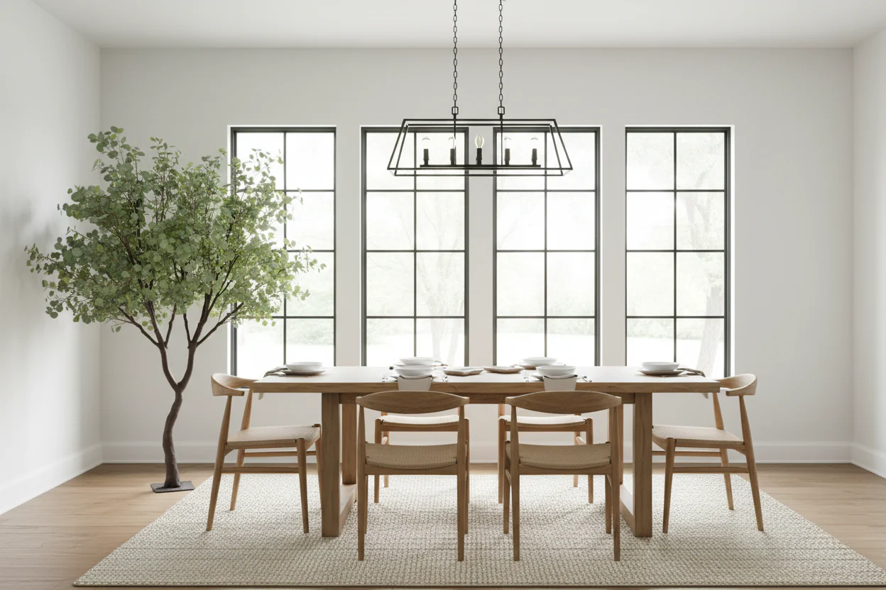 Dining room with wooden table and chairs, large windows, and a tree.