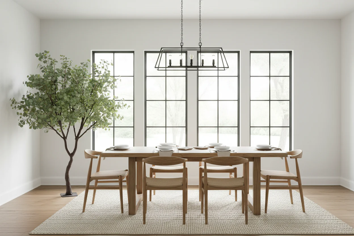 Dining room with wooden table and chairs, large windows, and a tree.