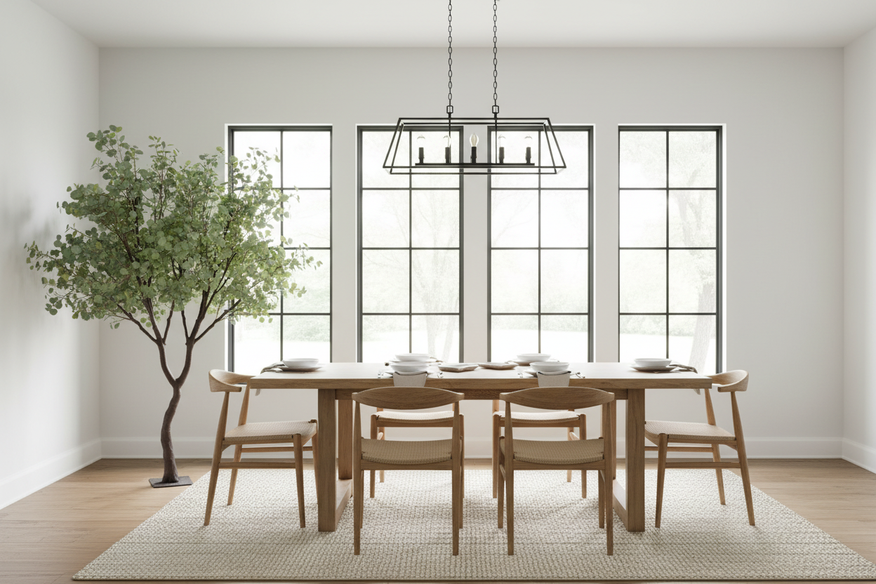 Large artificial eucalyptus tree in bright dining room