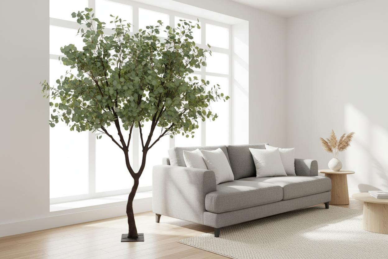 Large artificial eucalyptus tree in modern living room setting