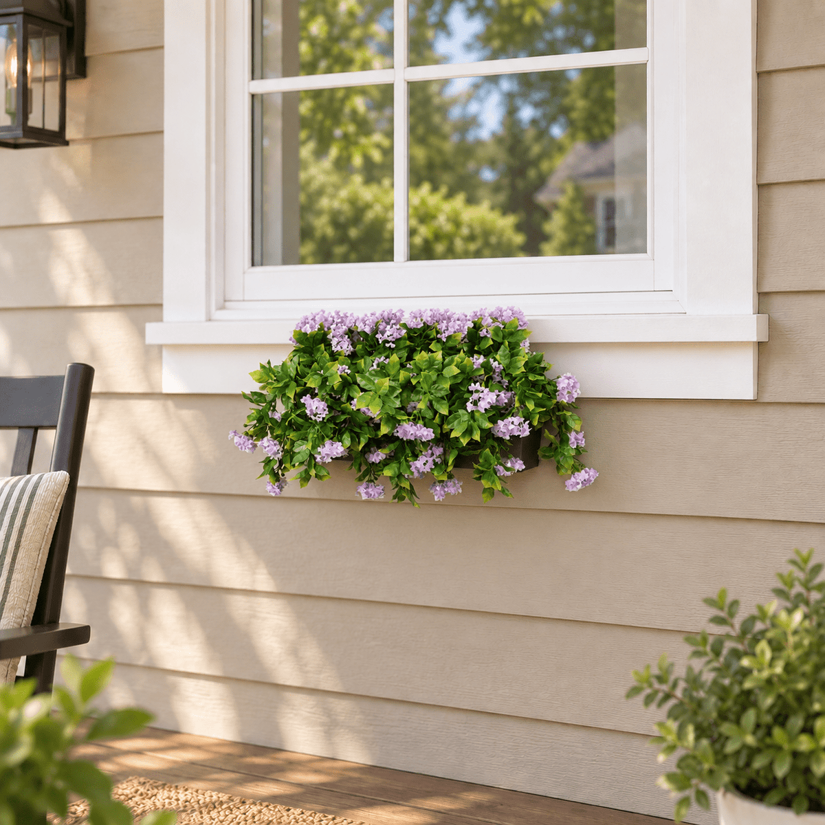 20 by 14-inch UV-resistant artificial lilac window box mounted outdoors