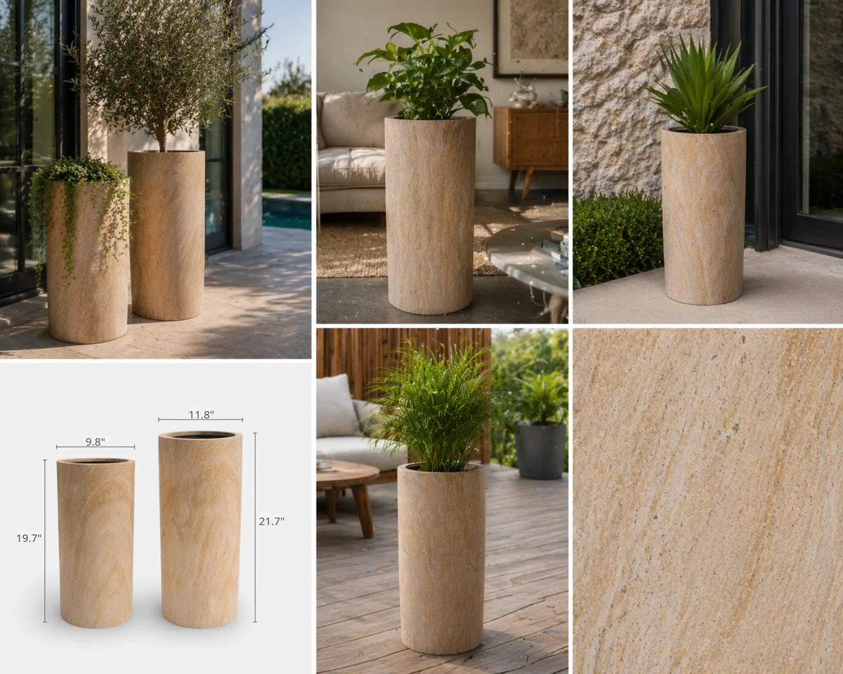 2-Piece Luxury Marble Tall Cylinder Planter Set