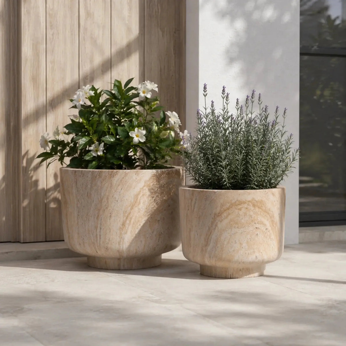 2-Piece Luxury Rounded Marble Planter with Pedestal Base Set