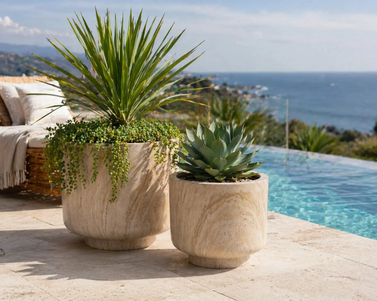 2-Piece Luxury Rounded Marble Planter with Pedestal Base Set
