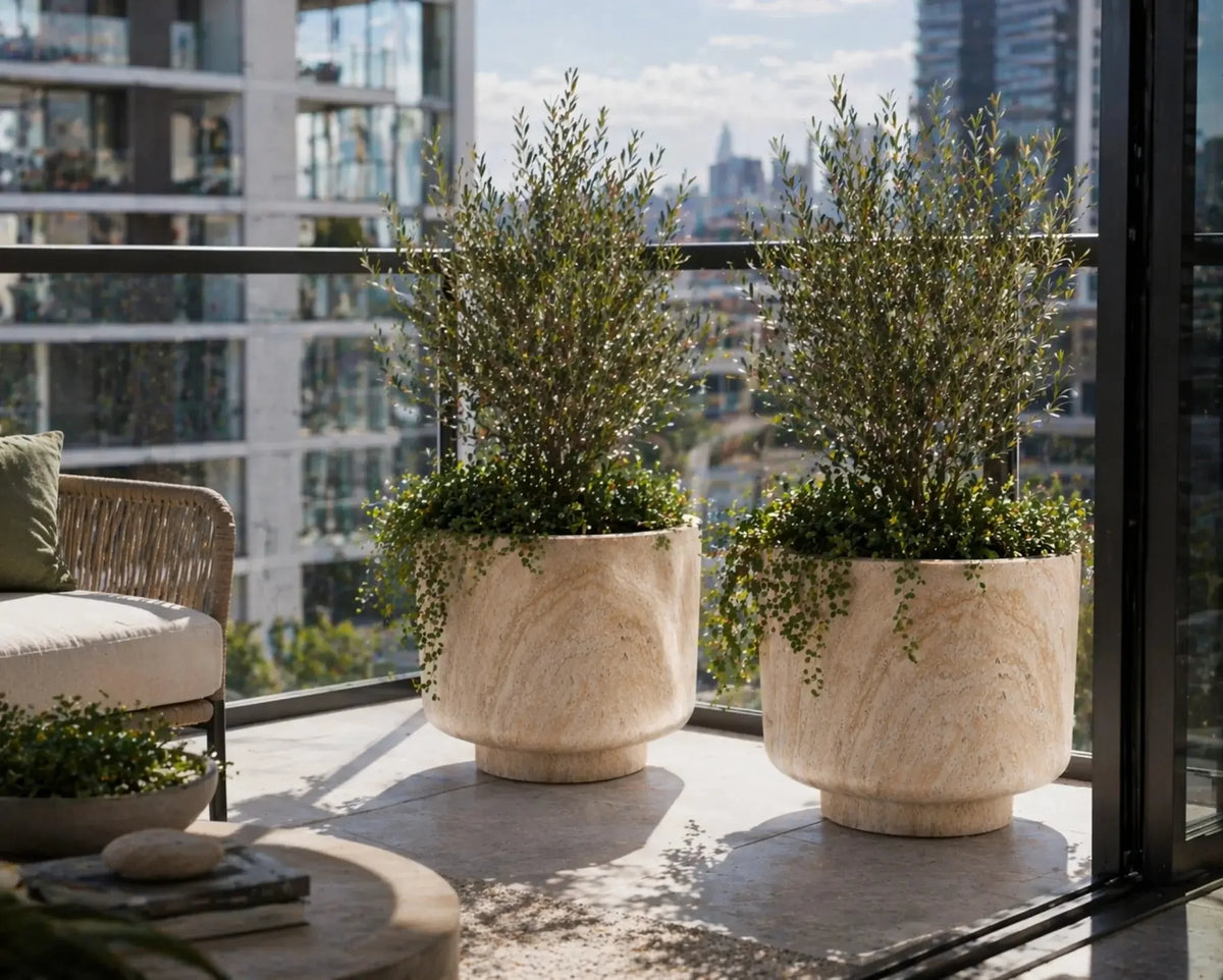 2-Piece Luxury Rounded Marble Planter with Pedestal Base Set