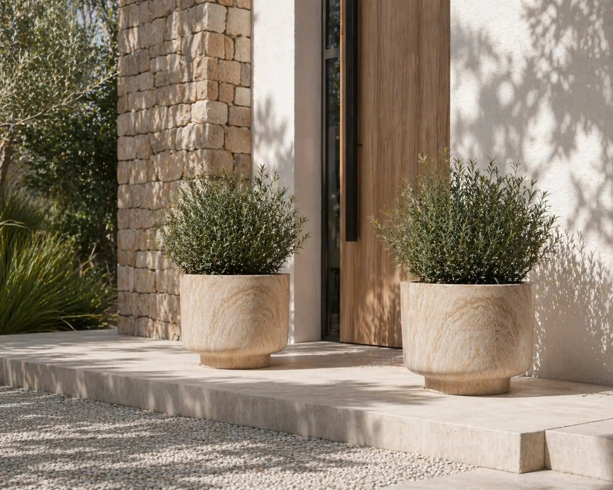 2-Piece Luxury Rounded Marble Planter with Pedestal Base Set