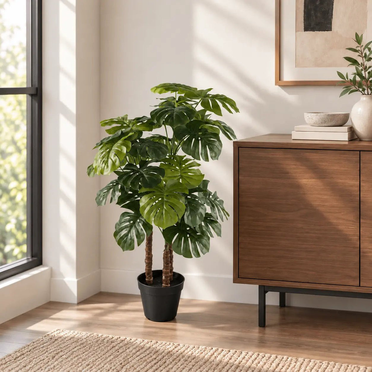 39.4-inch Monstera artificial tree in its black nursery pot beside an indoor credenza