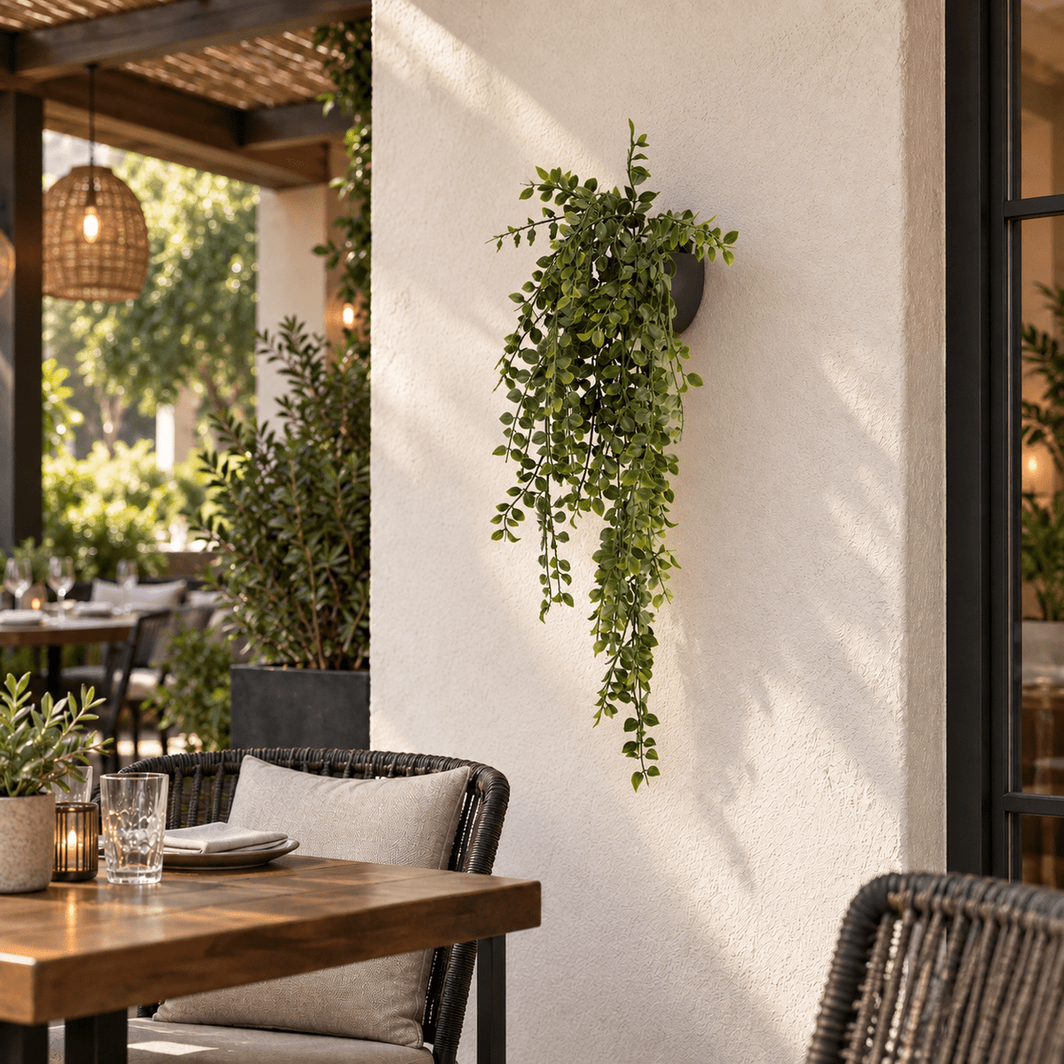 31-inch UV-resistant and NFPA 701-certified artificial Pearls Garland hanging bush on a covered restaurant patio