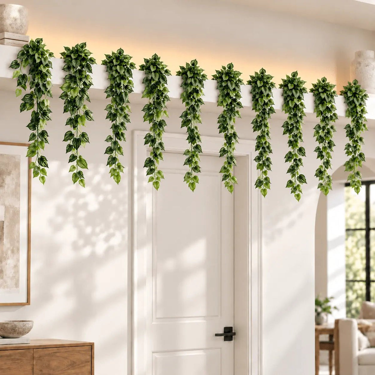 Set of 10 artificial philodendron hanging vine stems displayed indoors at realistic 40-inch scale