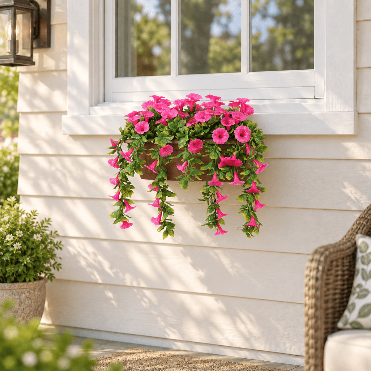 20 by 14-inch UV-resistant artificial pink petunia window box mounted outdoors