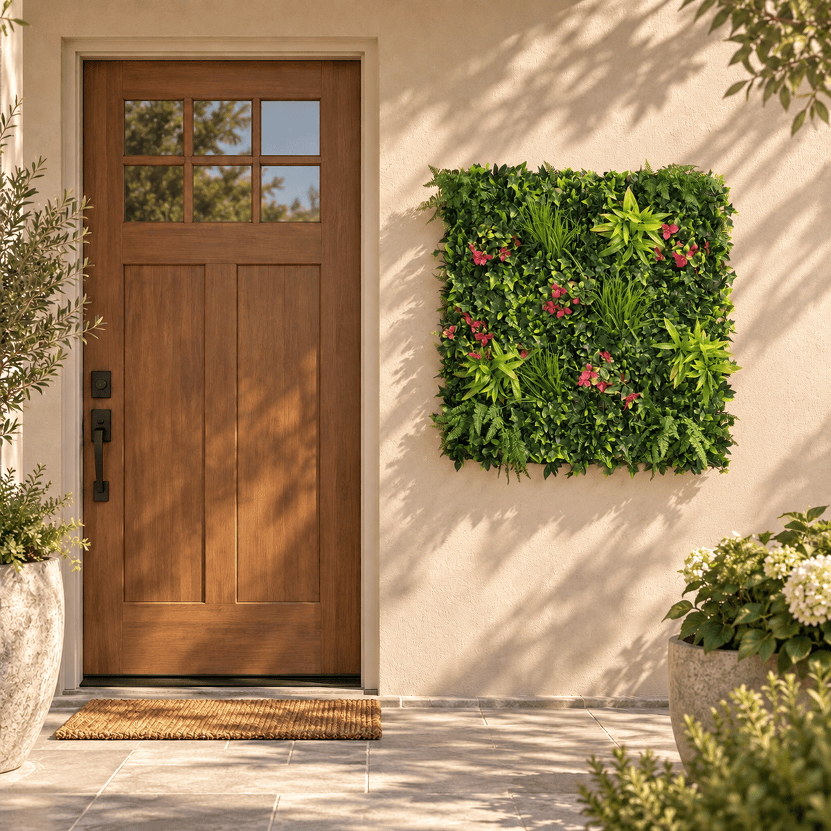 40 by 40-inch UV-resistant Pink Sensation artificial vertical garden panel installed outdoors